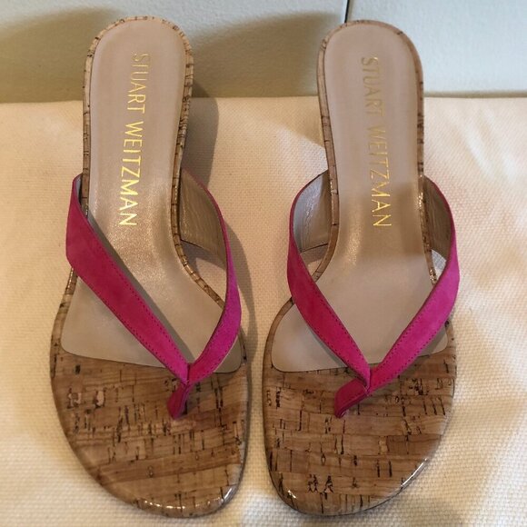 NEW (NWOT) Stuart Weitzman Brigida pink suede/cork heeled sandals sz 8 - Picture 3 of 16